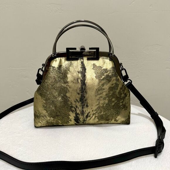 Handmade Gold Metallic Natural Hair-On Calfskin Top Handle Bag/Multi Way Use - Picture 3 of 16